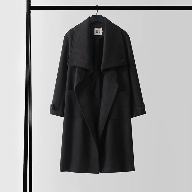 Damen Eleganter langer Wollmix-Cocoon-Mantel mit überlappendem Schalkragen und aufgesetzten Taschen Drune