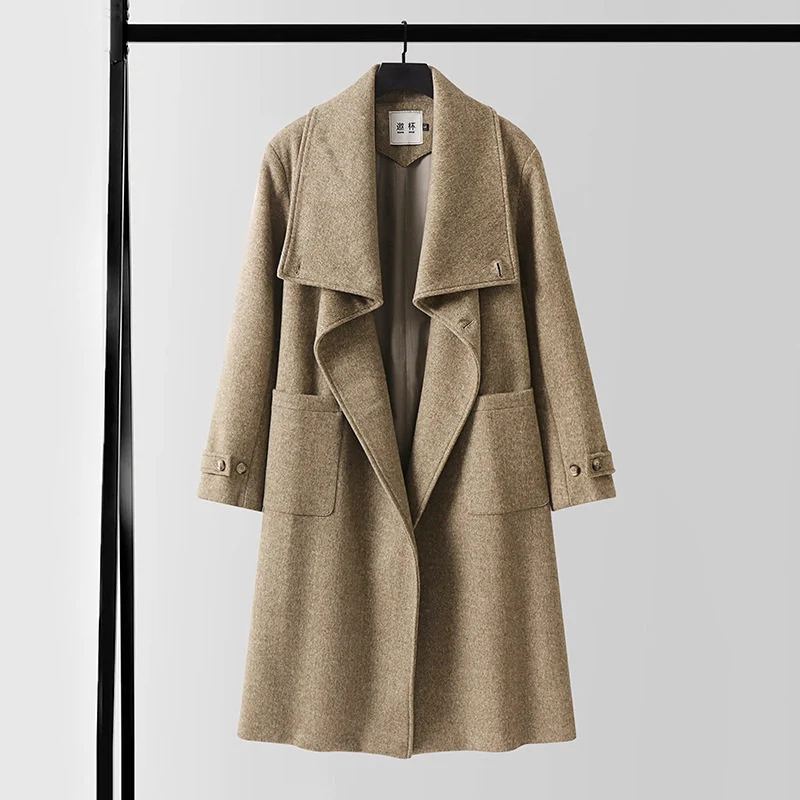 Damen Eleganter langer Wollmix-Cocoon-Mantel mit überlappendem Schalkragen und aufgesetzten Taschen Drune