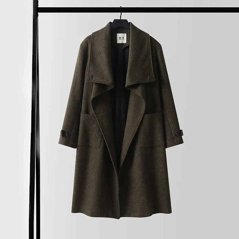 Damen Eleganter langer Wollmix-Cocoon-Mantel mit überlappendem Schalkragen und aufgesetzten Taschen Drune