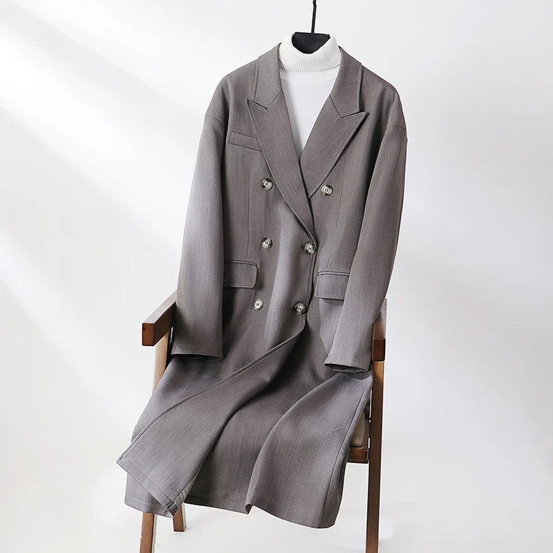 Damen Doppelreihiger Longline-Mantel mit Oversize-Schnitt und fallendem Revers Drune
