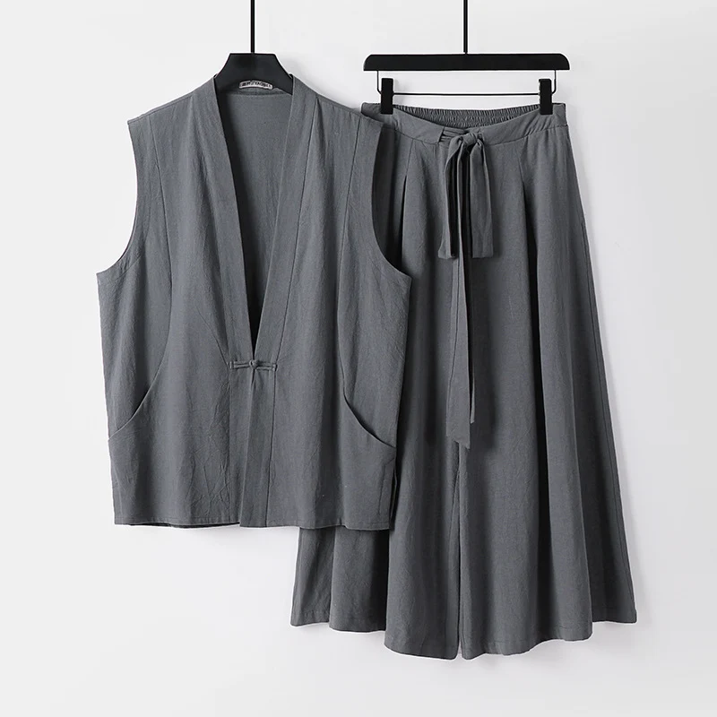 Damen Ärmelloses Kimono-Loungewear-Set aus leichtem Viskose-Leinen mit Bindeweste und weiten Palazzo-Hose Drune