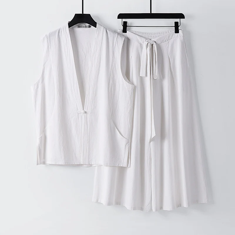 Damen Ärmelloses Kimono-Loungewear-Set aus leichtem Viskose-Leinen mit Bindeweste und weiten Palazzo-Hose Drune