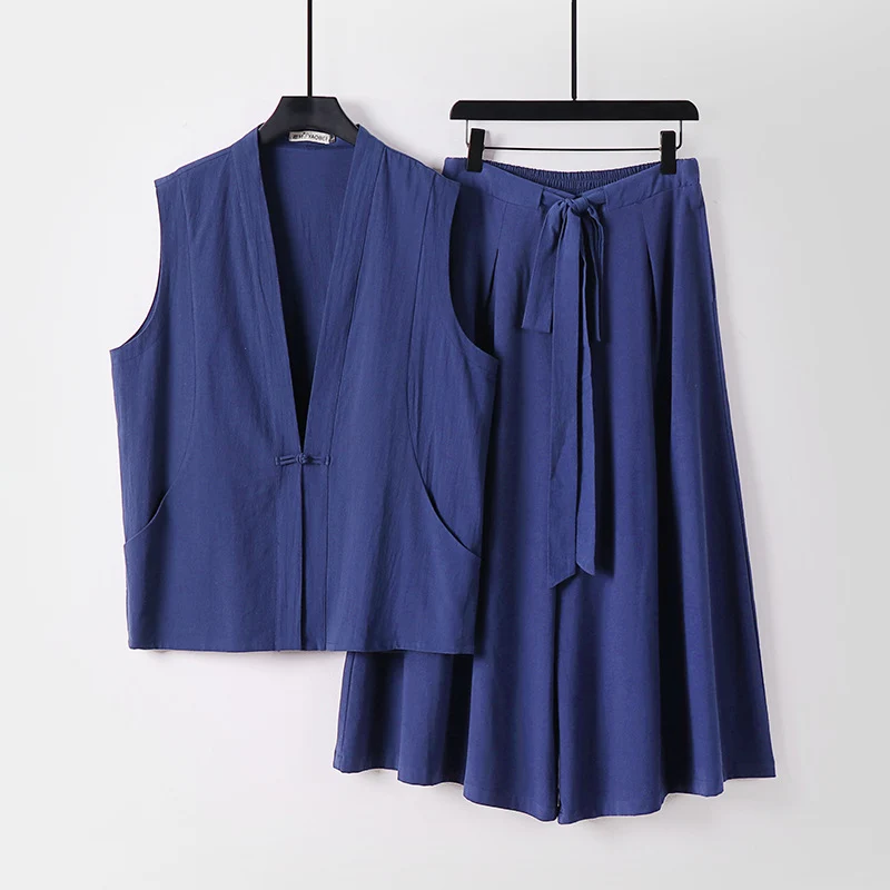 Damen Ärmelloses Kimono-Loungewear-Set aus leichtem Viskose-Leinen mit Bindeweste und weiten Palazzo-Hose Drune