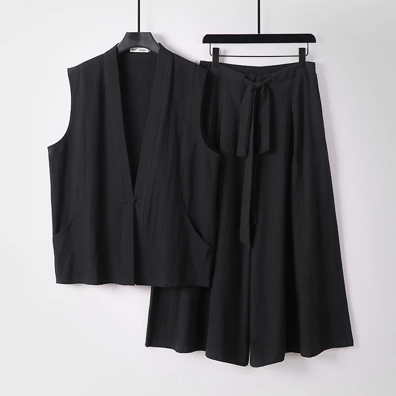 Damen Ärmelloses Kimono-Loungewear-Set aus leichtem Viskose-Leinen mit Bindeweste und weiten Palazzo-Hose Drune