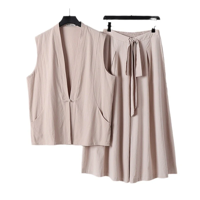 Damen Ärmelloses Kimono-Loungewear-Set aus leichtem Viskose-Leinen mit Bindeweste und weiten Palazzo-Hose Drune