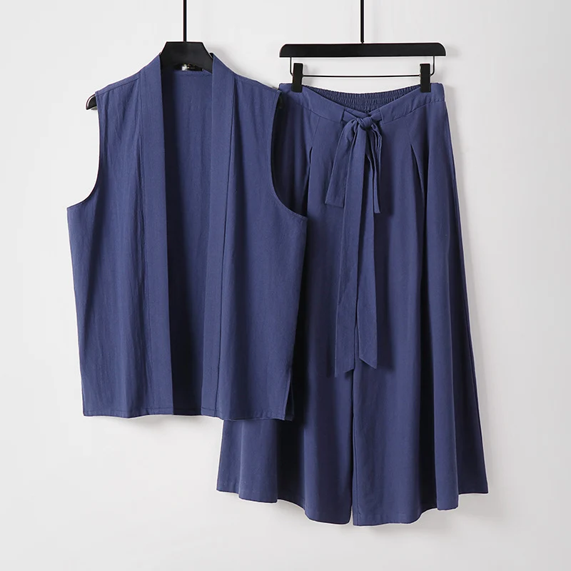 Damen Ärmellose Kimono-Weste und Hochtaillierte Culotte-Hose mit Bindegürtel Drune