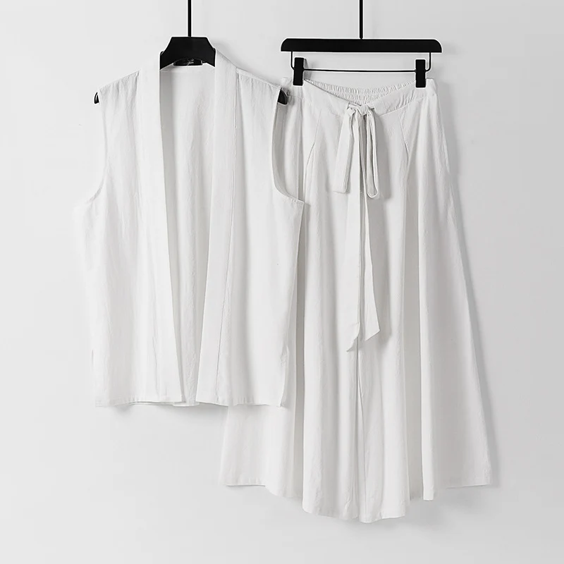 Damen Ärmellose Kimono-Weste und Hochtaillierte Culotte-Hose mit Bindegürtel Drune