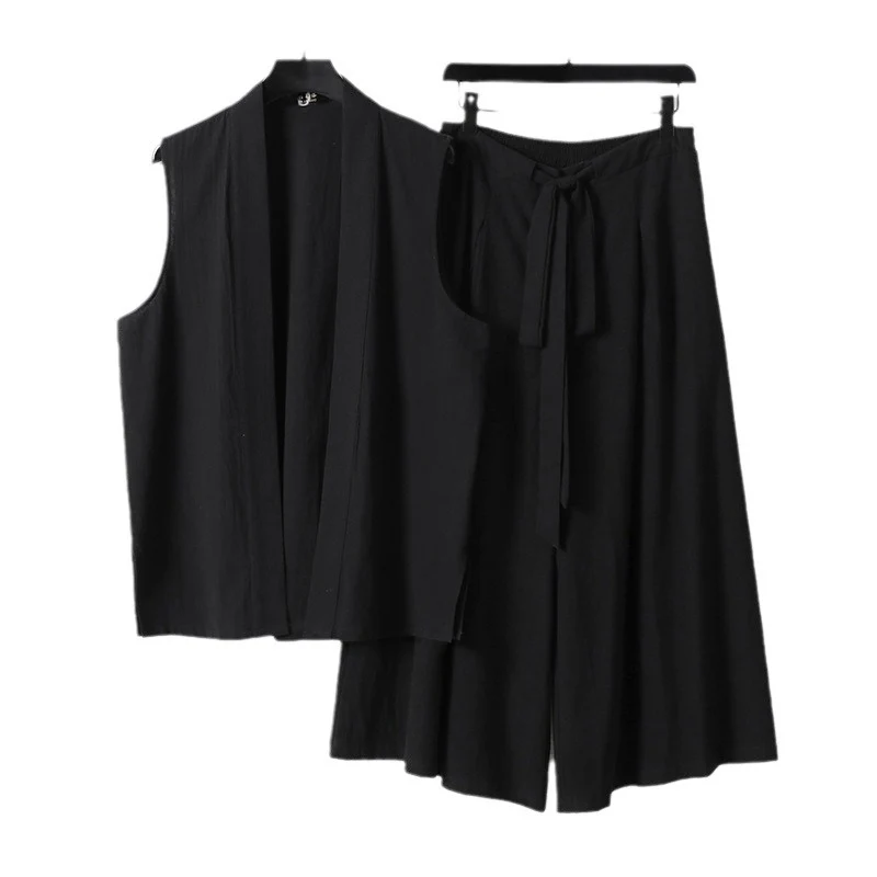 Damen Ärmellose Kimono-Weste und Hochtaillierte Culotte-Hose mit Bindegürtel Drune