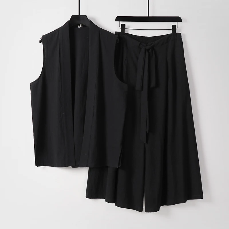 Damen Ärmellose Kimono-Weste und Hochtaillierte Culotte-Hose mit Bindegürtel Drune