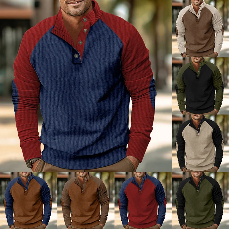 Herren Waffelstruktur-Henley-Pullover mit Stehkragen und Knopfleiste Drune