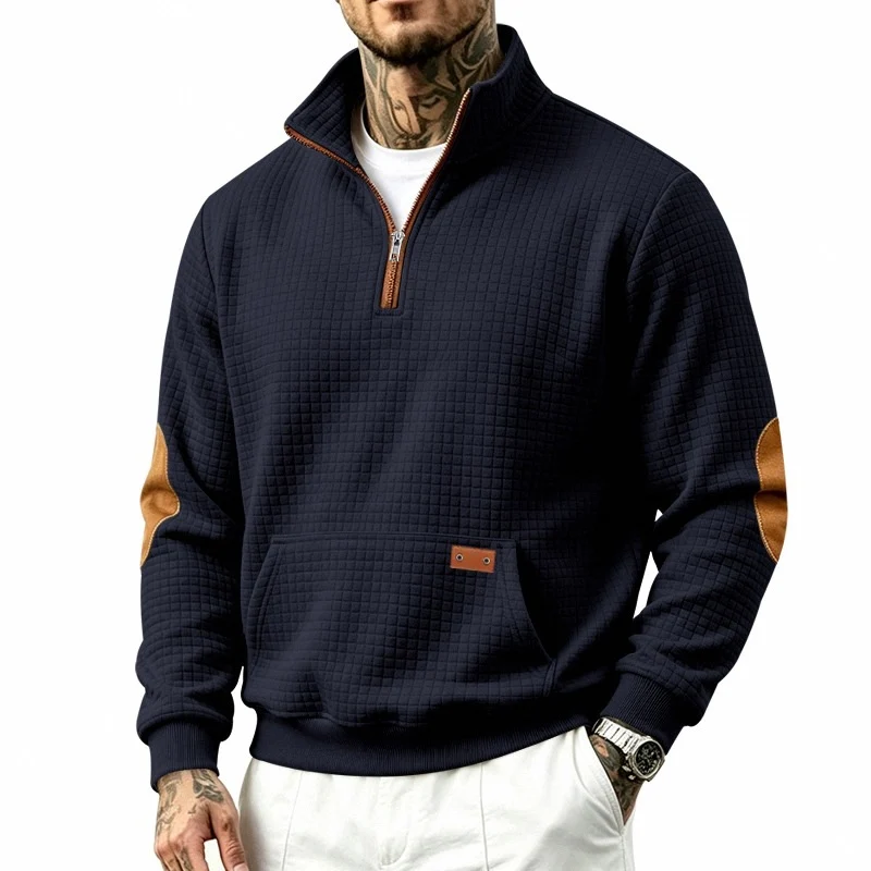 Herren Waffelstruktur-Fleecepullover mit Stehkragen, Kängurutasche und Kontrastbesatz Drune