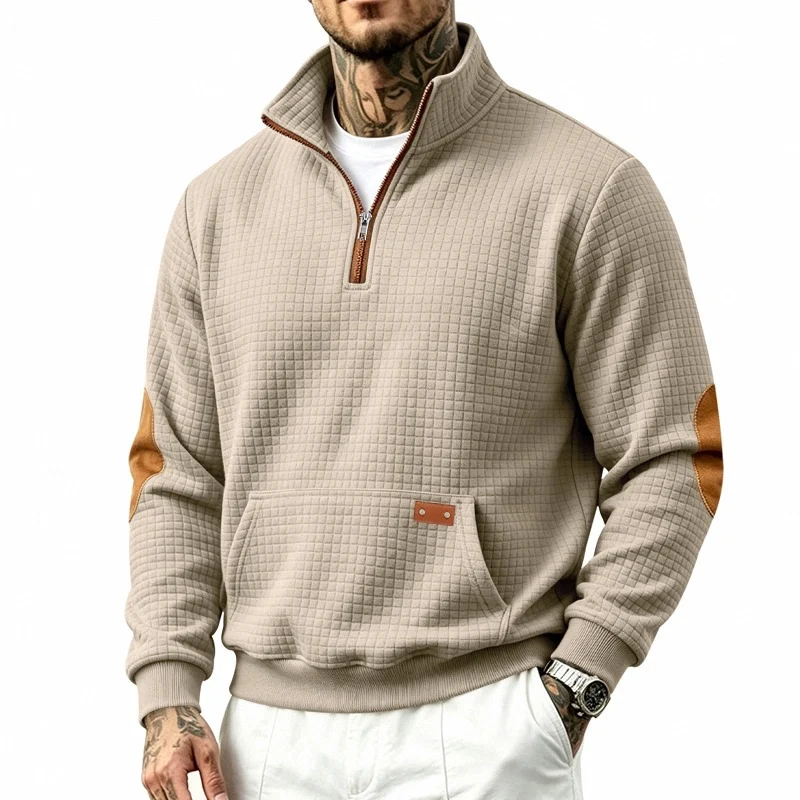 Herren Waffelstruktur-Fleecepullover mit Stehkragen, Kängurutasche und Kontrastbesatz Drune