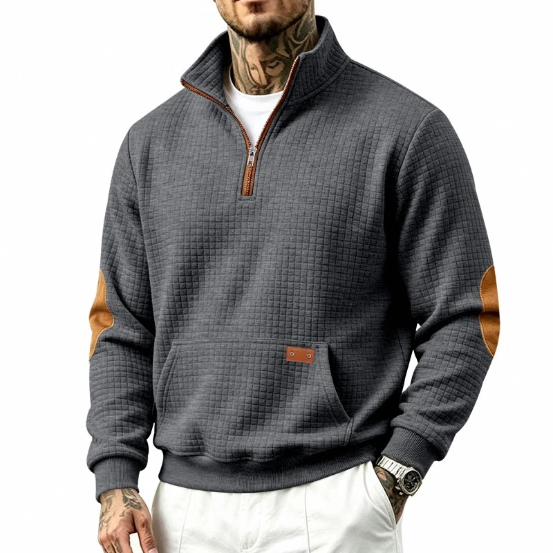 Herren Waffelstruktur-Fleecepullover mit Stehkragen, Kängurutasche und Kontrastbesatz Drune