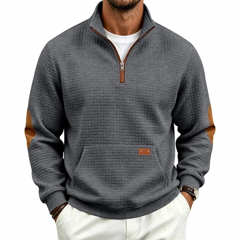 Herren Waffelstruktur-Fleecepullover mit Stehkragen, Kängurutasche und Kontrastbesatz Drune