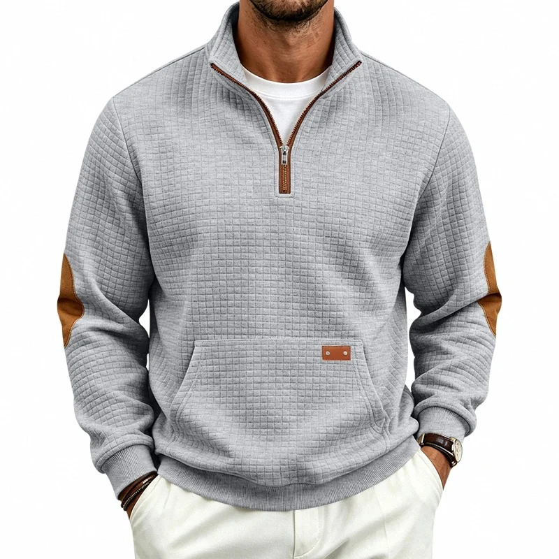 Herren Waffelstruktur-Fleecepullover mit Stehkragen, Kängurutasche und Kontrastbesatz Drune