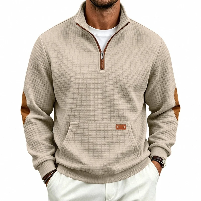 Herren Waffelstruktur-Fleecepullover mit Stehkragen, Kängurutasche und Kontrastbesatz Drune