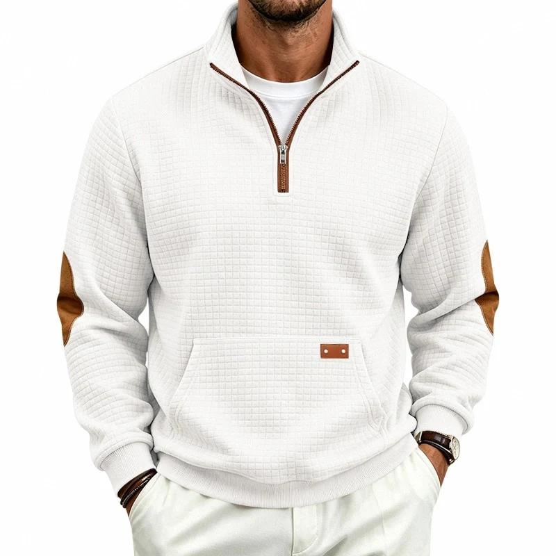 Herren Waffelstruktur-Fleecepullover mit Stehkragen, Kängurutasche und Kontrastbesatz Drune