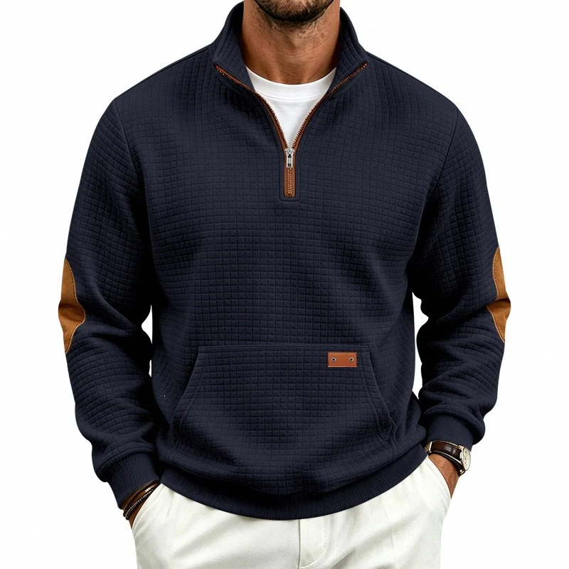 Herren Waffelstruktur-Fleecepullover mit Stehkragen, Kängurutasche und Kontrastbesatz Drune