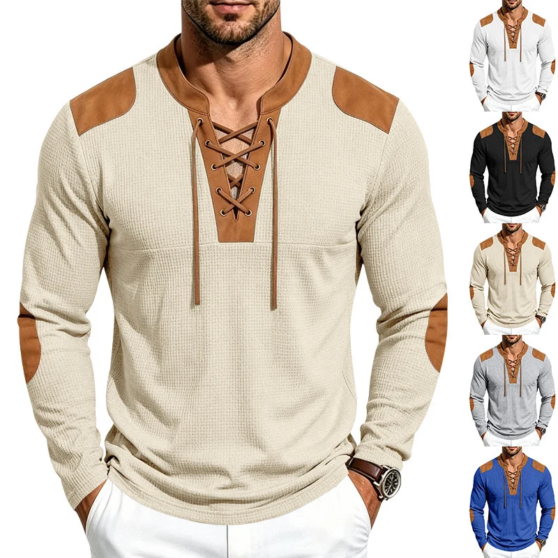 Herren Waffelstrick-Langarmshirt mit Schnürkragen und Kunstleder-Patches Drune