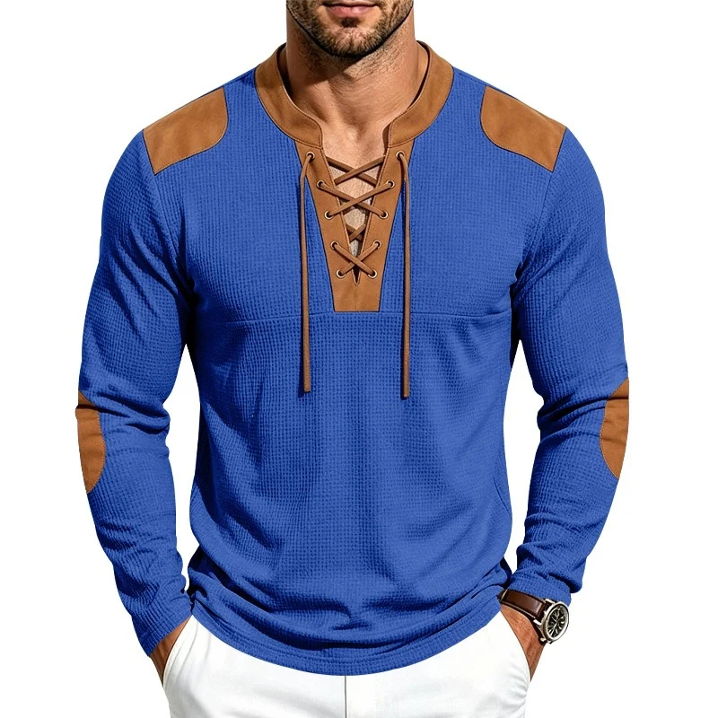 Herren Waffelstrick-Langarmshirt mit Schnürkragen und Kunstleder-Patches Drune