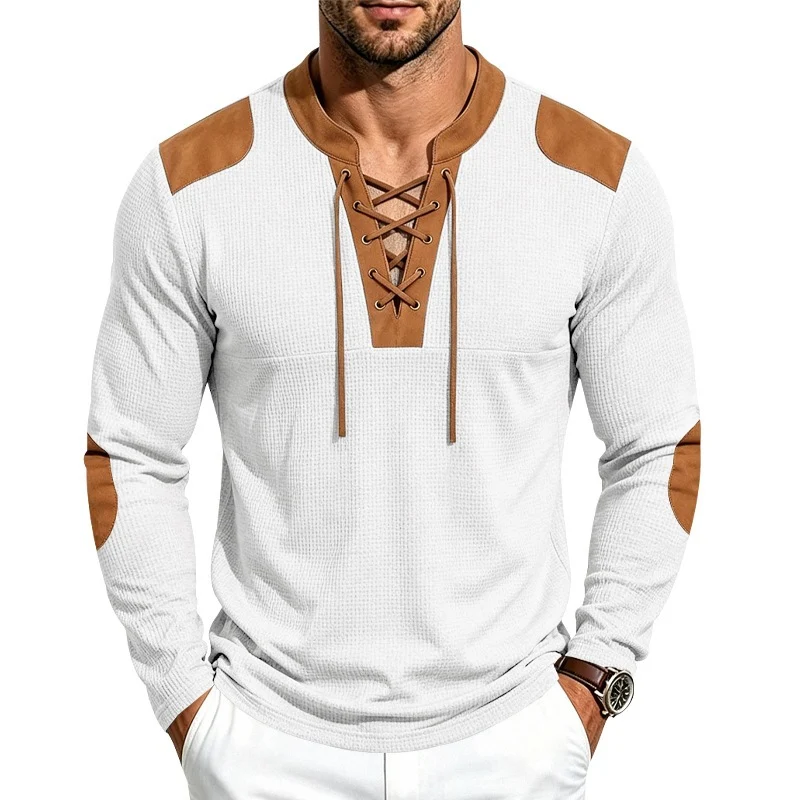 Herren Waffelstrick-Langarmshirt mit Schnürkragen und Kunstleder-Patches Drune