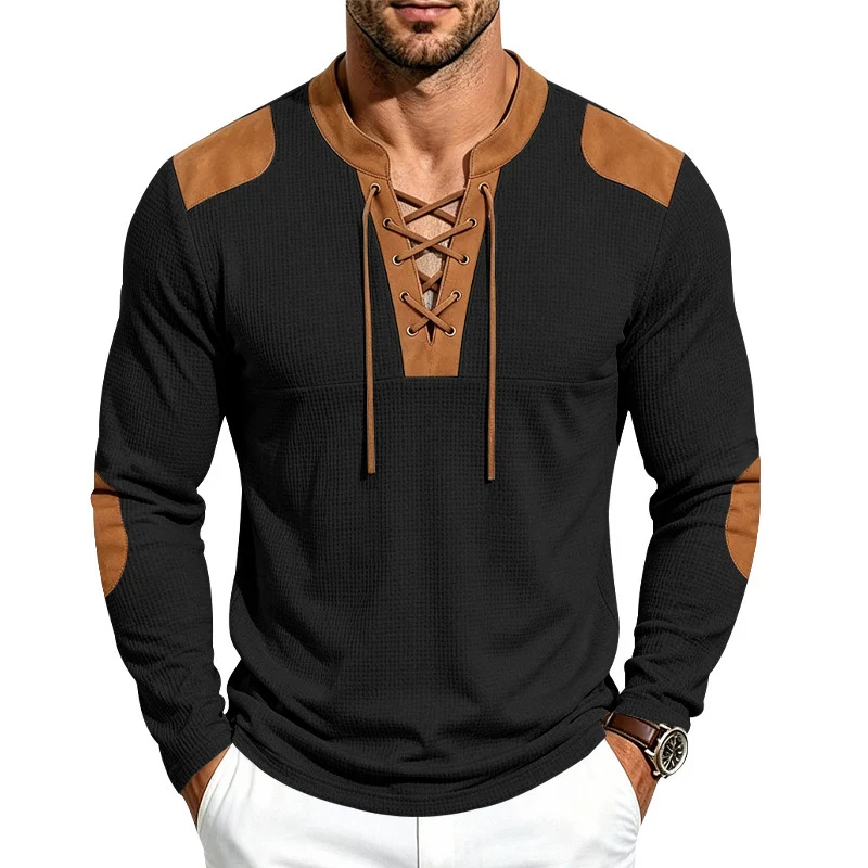 Herren Waffelstrick-Langarmshirt mit Schnürkragen und Kunstleder-Patches Drune