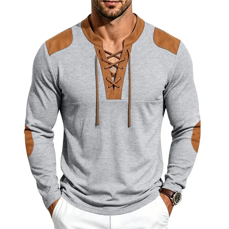 Herren Waffelstrick-Langarmshirt mit Schnürkragen und Kunstleder-Patches Drune