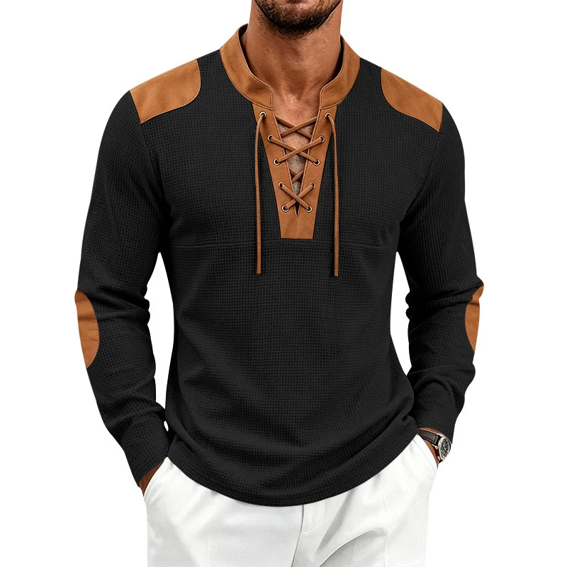 Herren Waffelstrick-Langarmshirt mit Schnürkragen und Kunstleder-Patches Drune