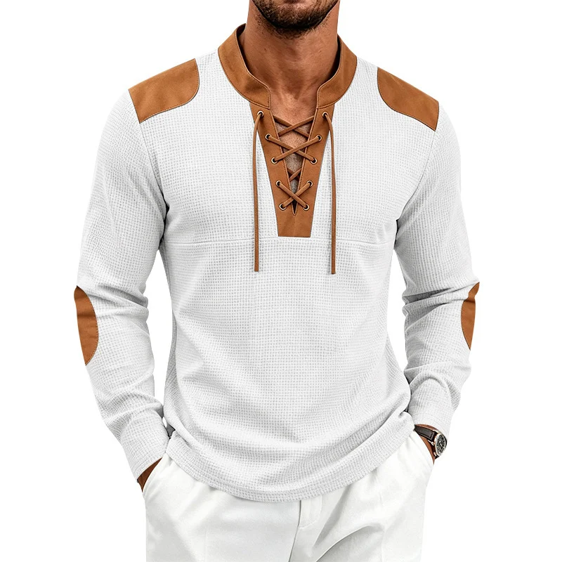 Herren Waffelstrick-Langarmshirt mit Schnürkragen und Kunstleder-Patches Drune