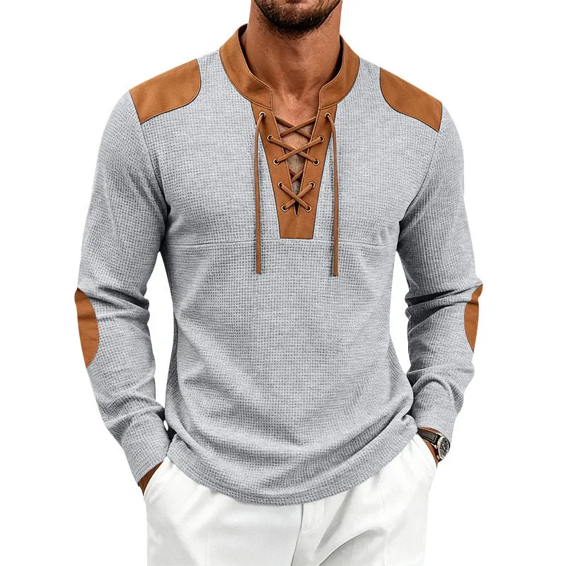 Herren Waffelstrick-Langarmshirt mit Schnürkragen und Kunstleder-Patches Drune