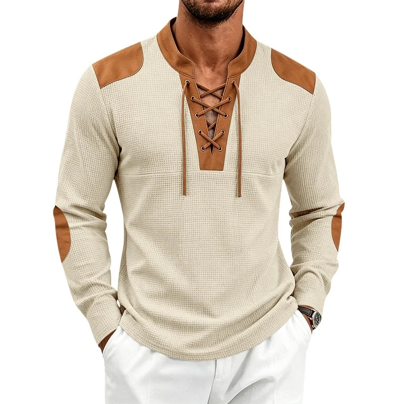 Herren Waffelstrick-Langarmshirt mit Schnürkragen und Kunstleder-Patches Drune