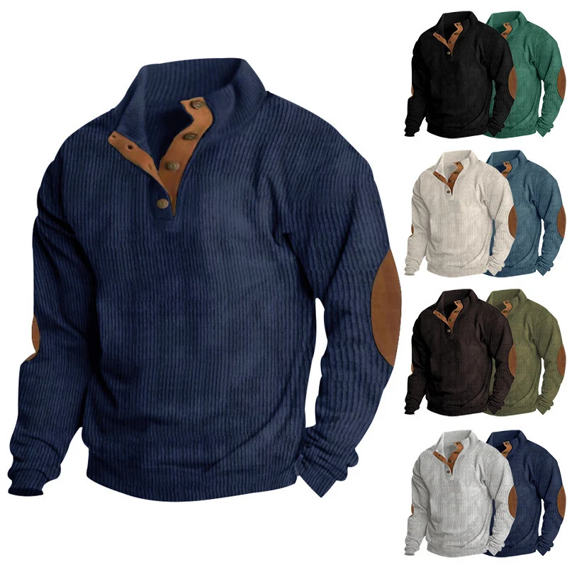 Herren Waffelstrick-Henley-Pullover mit Stehkragen und Ellbogen-Patches Drune
