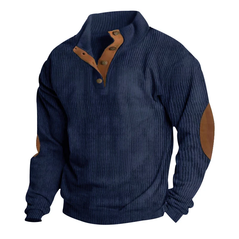 Herren Waffelstrick-Henley-Pullover mit Stehkragen und Ellbogen-Patches Drune