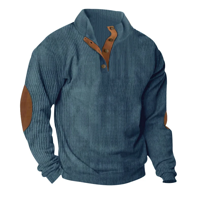 Herren Waffelstrick-Henley-Pullover mit Stehkragen und Ellbogen-Patches Drune