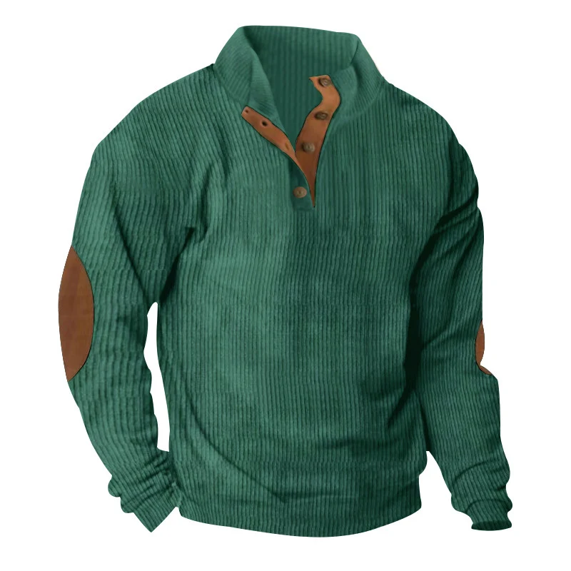 Herren Waffelstrick-Henley-Pullover mit Stehkragen und Ellbogen-Patches Drune