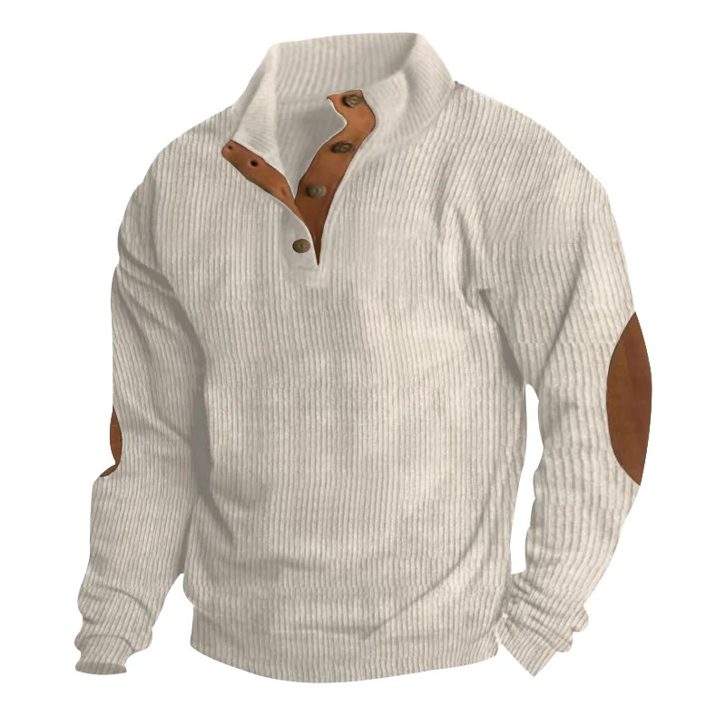 Herren Waffelstrick-Henley-Pullover mit Stehkragen und Ellbogen-Patches Drune