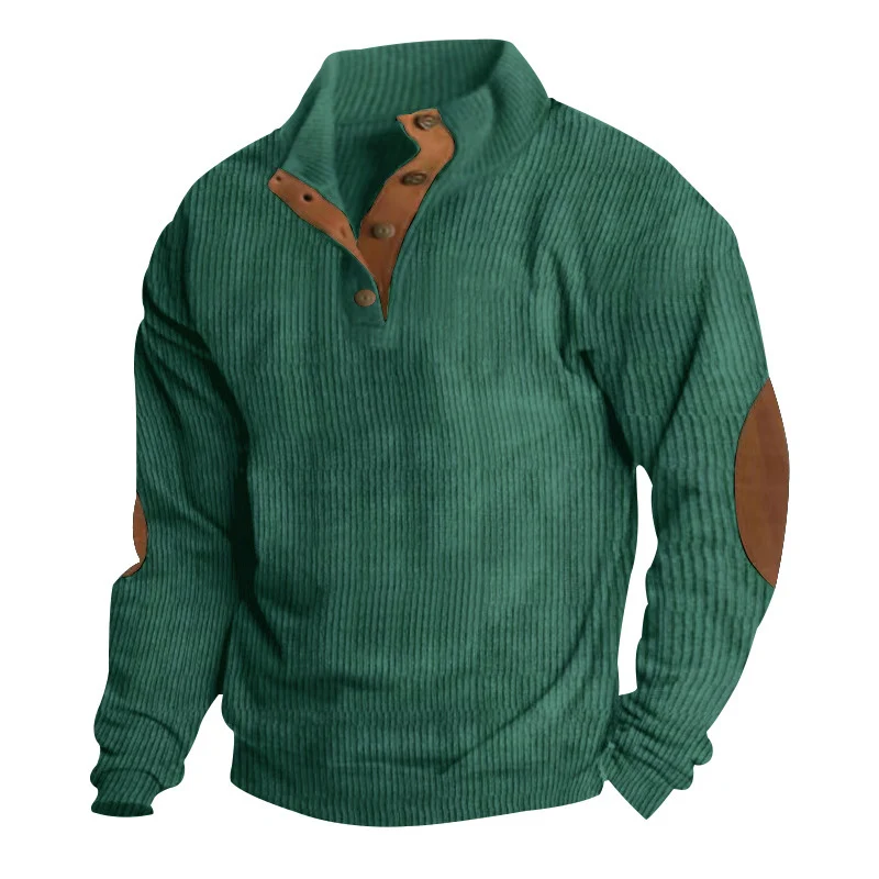Herren Waffelstrick-Henley-Pullover mit Stehkragen und Ellbogen-Patches Drune