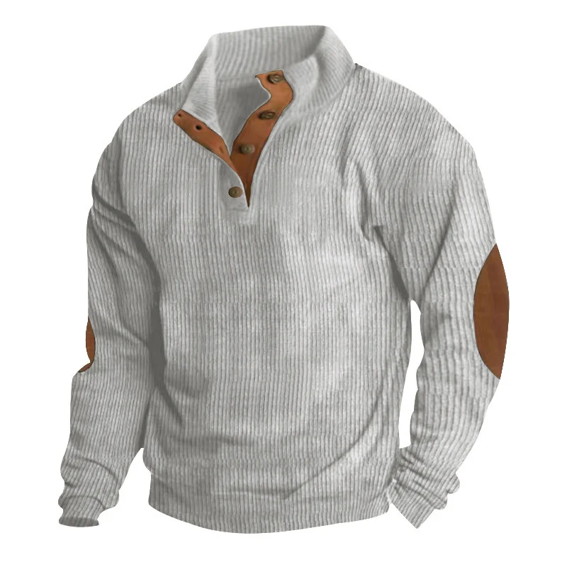 Herren Waffelstrick-Henley-Pullover mit Stehkragen und Ellbogen-Patches Drune
