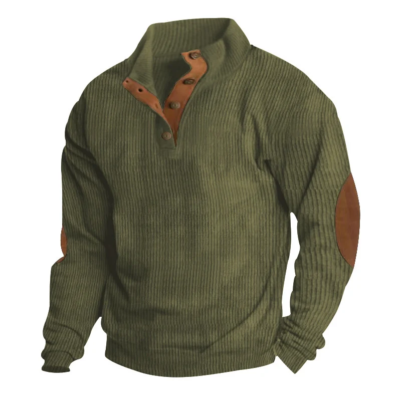 Herren Waffelstrick-Henley-Pullover mit Stehkragen und Ellbogen-Patches Drune
