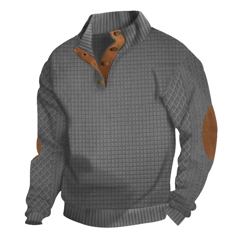 Herren Waffelstrick-Halbzip-Pullover mit Stehkragen Lederbesatz und Ellbogenpatches Drune
