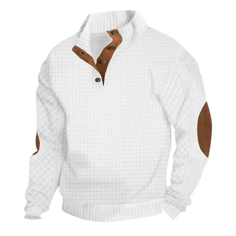 Herren Waffelstrick-Halbzip-Pullover mit Stehkragen Lederbesatz und Ellbogenpatches Drune
