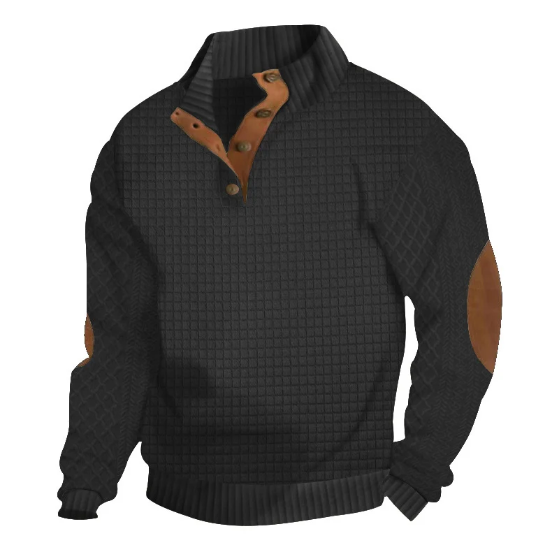 Herren Waffelstrick-Halbzip-Pullover mit Stehkragen Lederbesatz und Ellbogenpatches Drune