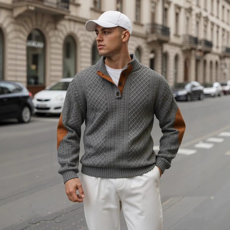 Herren Troyer-Pullover mit Stehkragen, strukturierter Strickoptik und Kontrast-Ellbogenpatches Drune