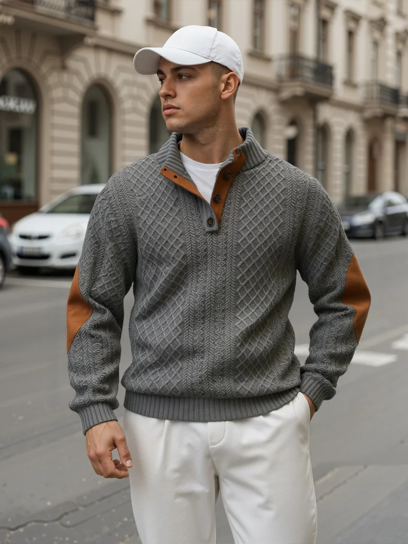 Herren Troyer-Pullover mit Stehkragen, strukturierter Strickoptik und Kontrast-Ellbogenpatches Drune