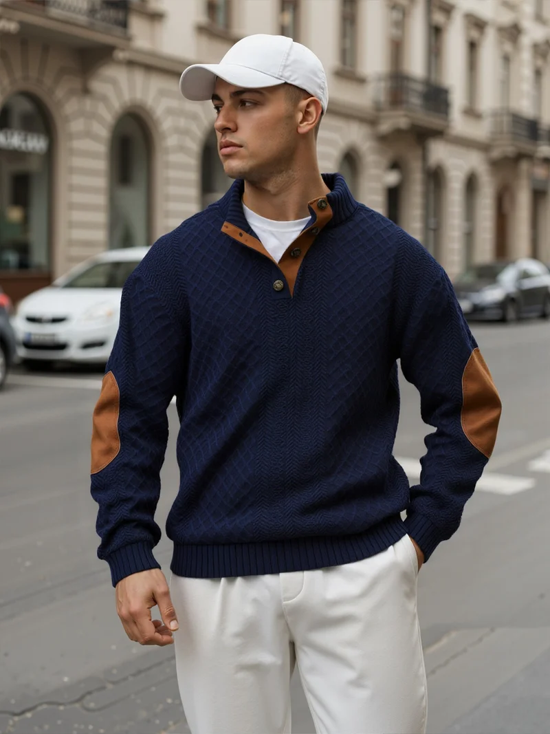 Herren Troyer-Pullover mit Stehkragen, strukturierter Strickoptik und Kontrast-Ellbogenpatches Drune