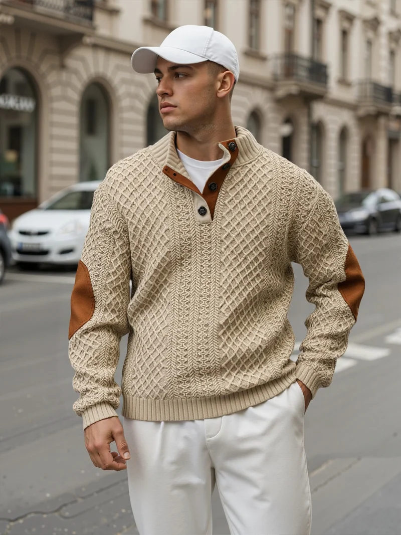 Herren Troyer-Pullover mit Stehkragen, strukturierter Strickoptik und Kontrast-Ellbogenpatches Drune
