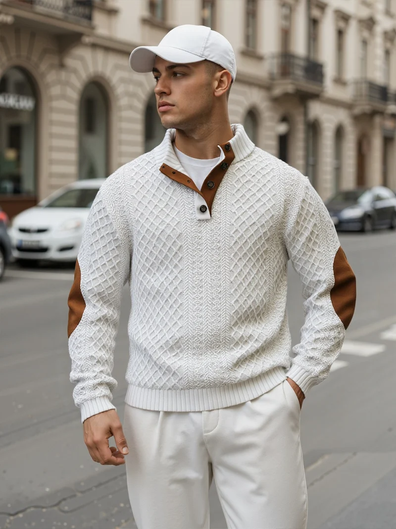 Herren Troyer-Pullover mit Stehkragen, strukturierter Strickoptik und Kontrast-Ellbogenpatches Drune