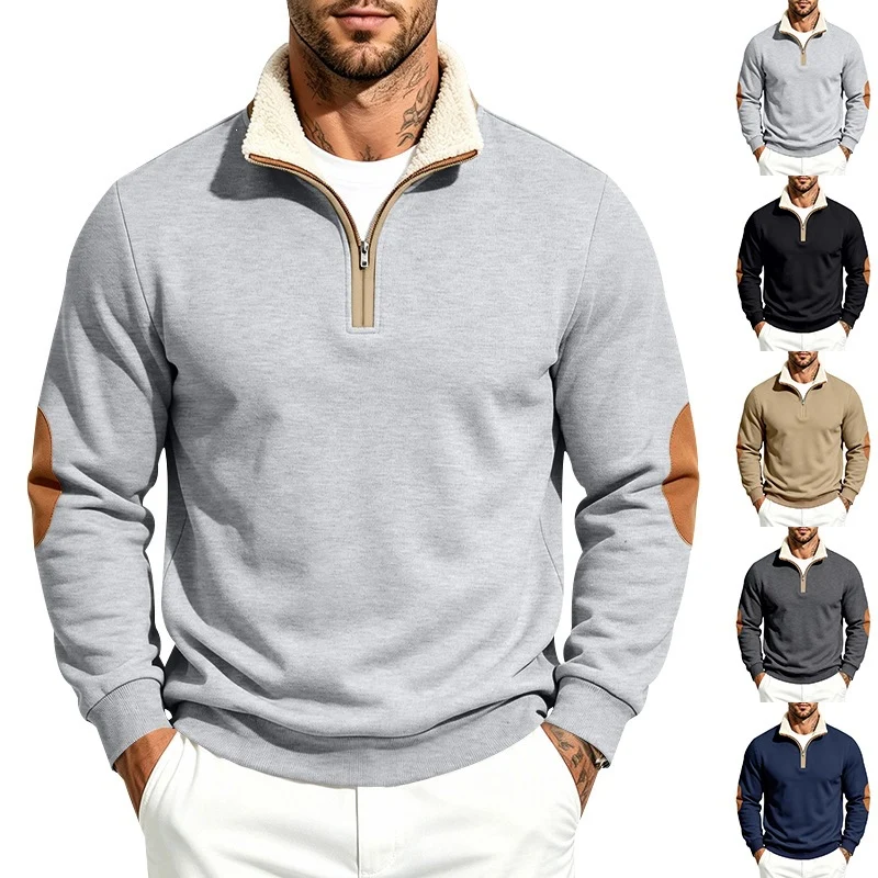 Herren Thermo-Fleece-Halbzippullover mit Teddy-Kragen und Kontrast-Ellbogenpatches Drune