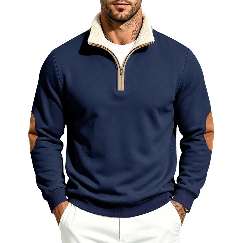 Herren Thermo-Fleece-Halbzippullover mit Teddy-Kragen und Kontrast-Ellbogenpatches Drune