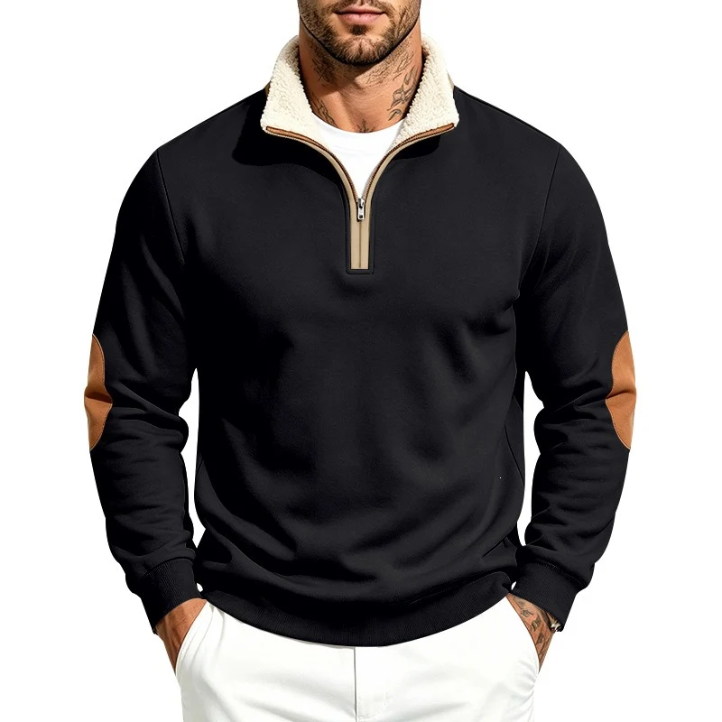 Herren Thermo-Fleece-Halbzippullover mit Teddy-Kragen und Kontrast-Ellbogenpatches Drune